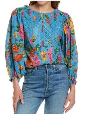 Farm Rio Blue Floral Blouse Lace Panel Boho Top Size L Balloon Sleeve